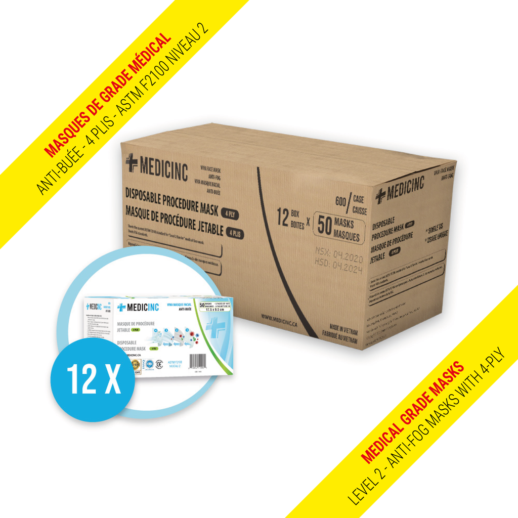 [11445-12] MEDICINC® Level 2 - Anti-fog Disposable Masks with 4-ply (Blue) 12 boxes of 50 pcs